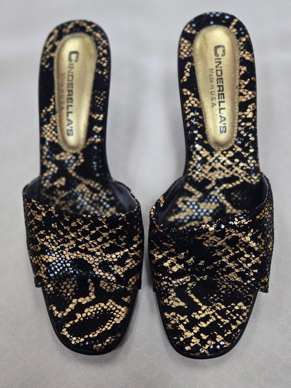 Vintage Black and Gold Cinderella's Shoe Company Dress Mules